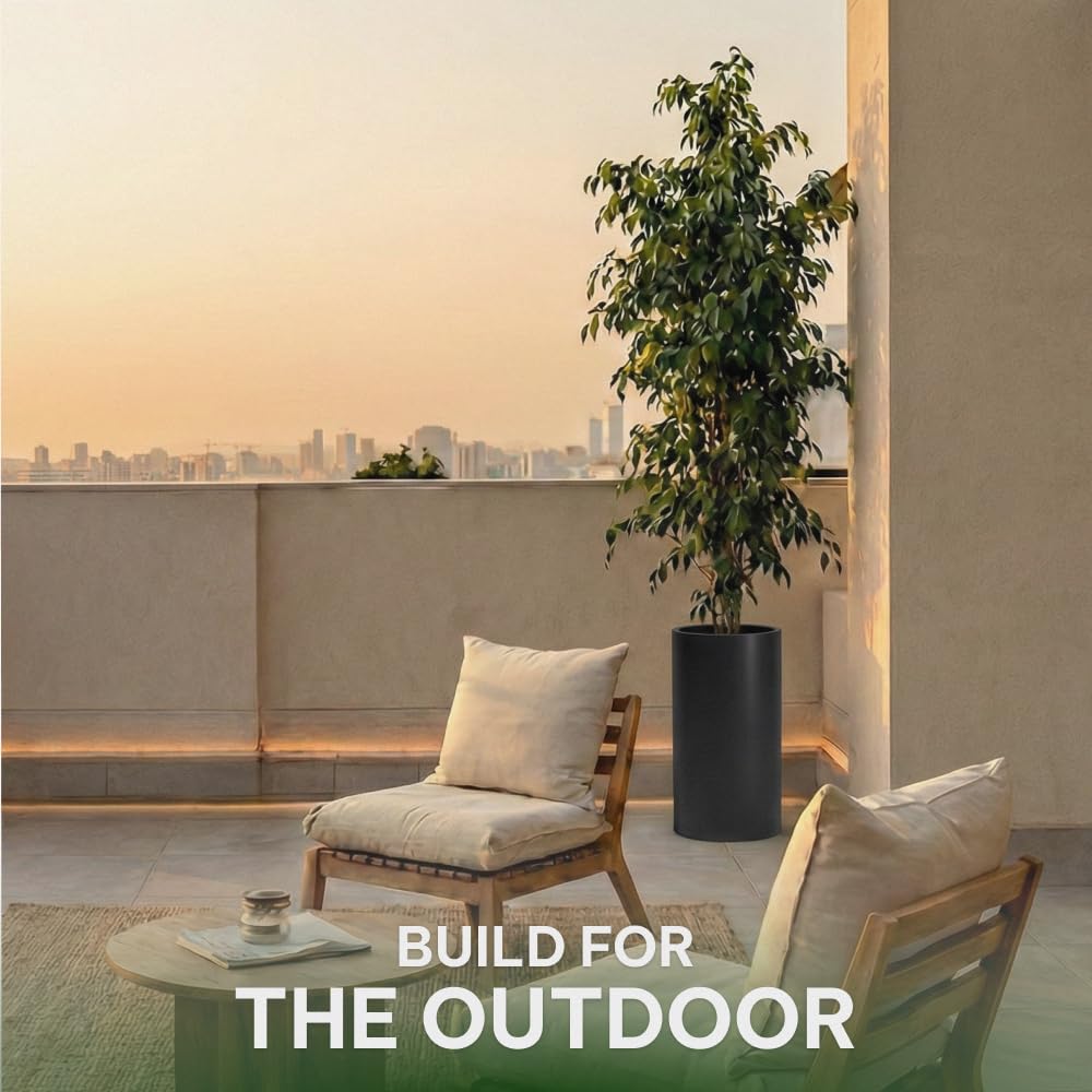 Wil & Vic 89s 15.7'' H x 7.9'' Dia (6.1'' Pot Opening) Jupiter Fiberglass, Cylinder Tall Planter with Drainage Hole, Lightweight, Durable Minimalist Home Decor, Included Extra Coco Mats, Black