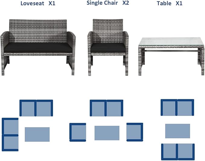 Tangkula 4 PCS Wicker Patio Conversation Set, Outdoor Rattan Sofas