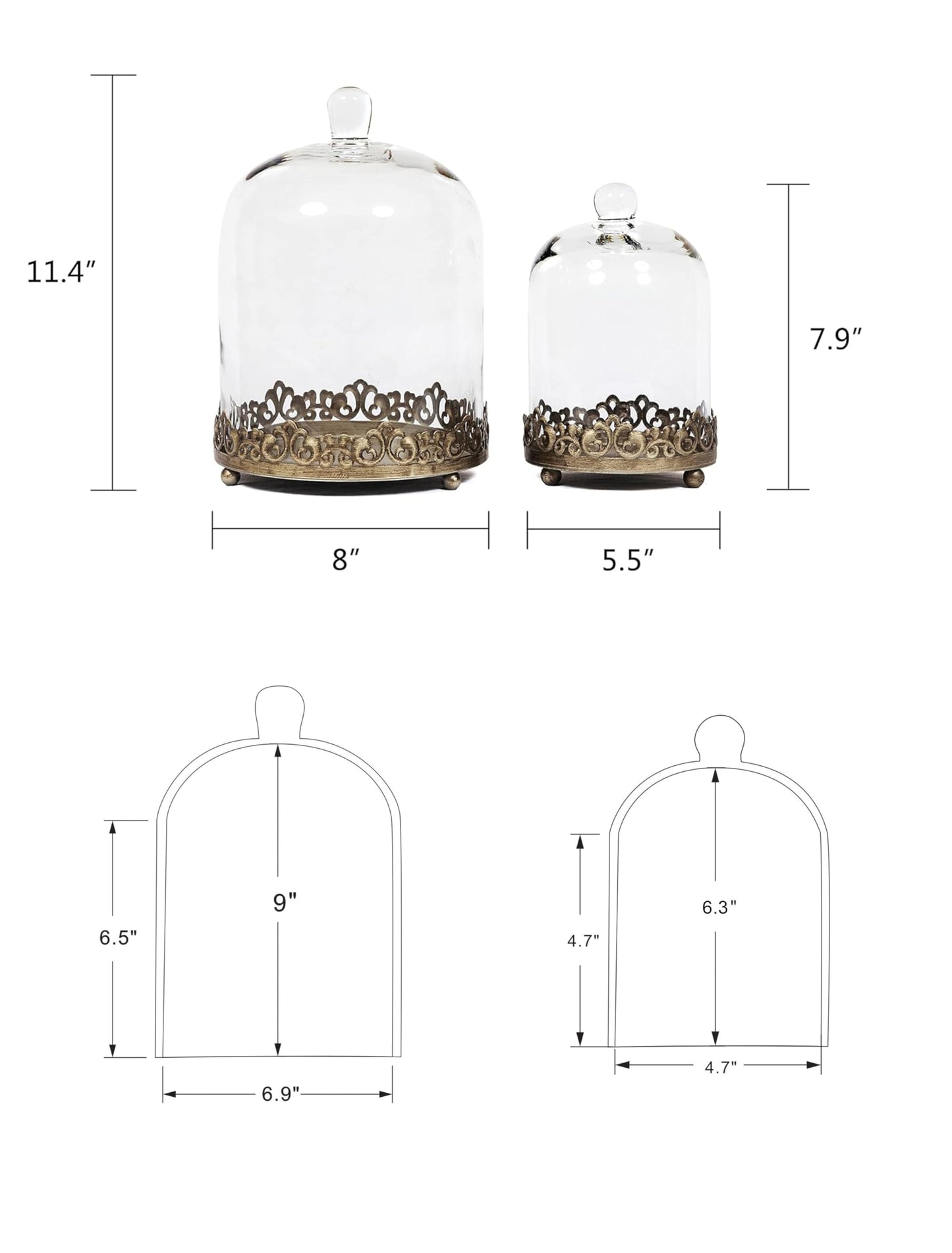 12" Tall Large Sturdy Handmade Glass Cloche Dome with Metal Base 11.4" H x 8" and 8" H x 5.5" in Set of 2 in Gold for Plant, Terrarium, Collectibles, Candle. Cloche Glass Dome, Bell Jar Display Case