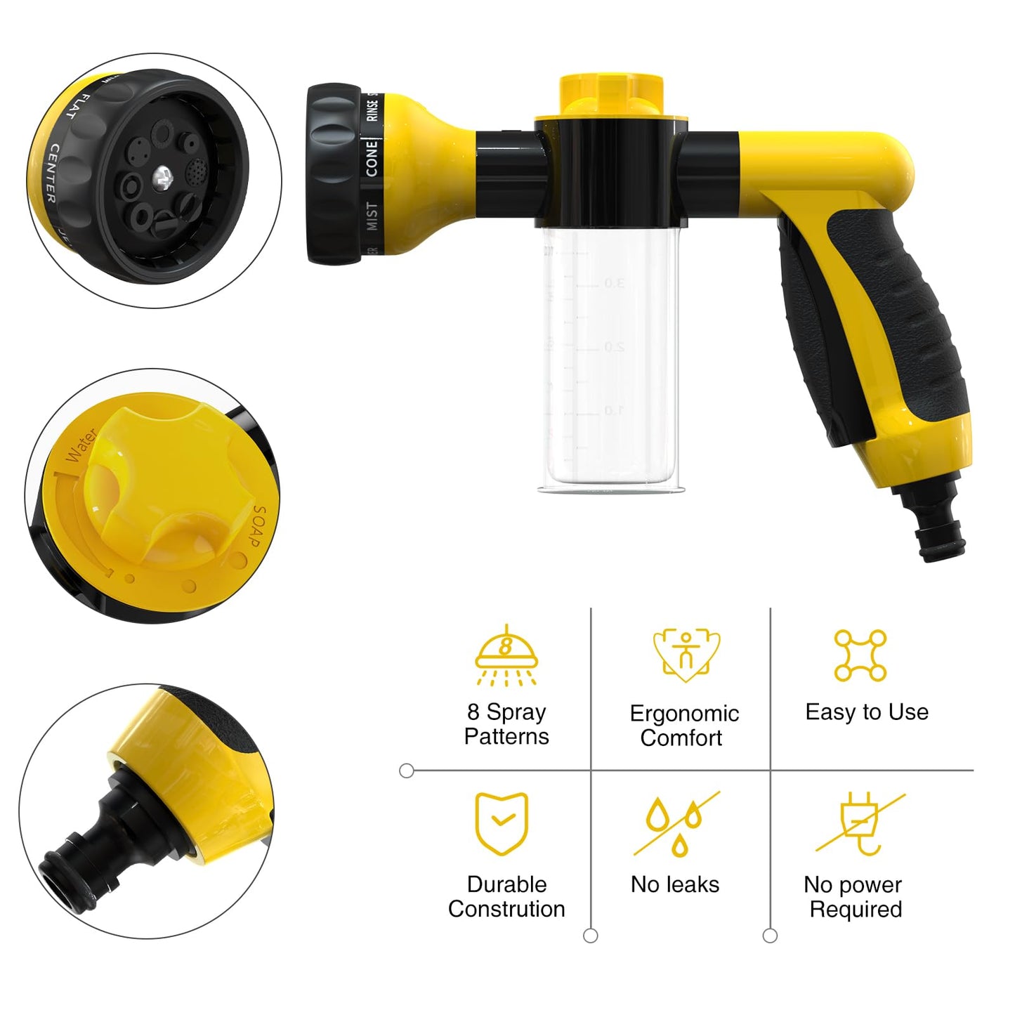 Garden Hose Nozzle, High Pressure Spray Gun Nozzle, 8 Spray Patterns for Watering Plants, Lawn, Patio, Cleaning, Showering Pet with 3.5oz/100cc Soap Dispenser Bottle (Orange)