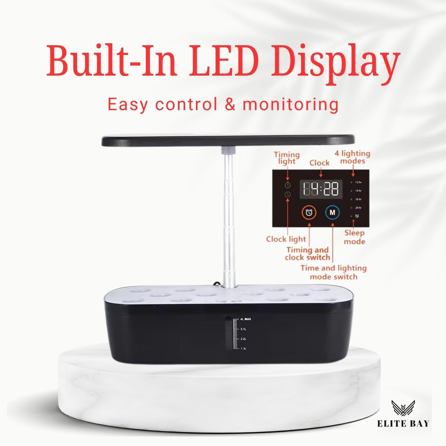 ELITE BAY-Hydroponic Growing System 12 Pods – Smart Garden with LED Display, Full-Spectrum Grow Light & 4L Water Tank | AU/US Plug | Soil-Free Planter Kit | Black |for Home, Office & Kitchen.