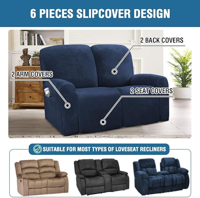 H.VERSAILTEX Velvet Stretch Recliner Couch Covers 6-Pieces Recliner Loveseat