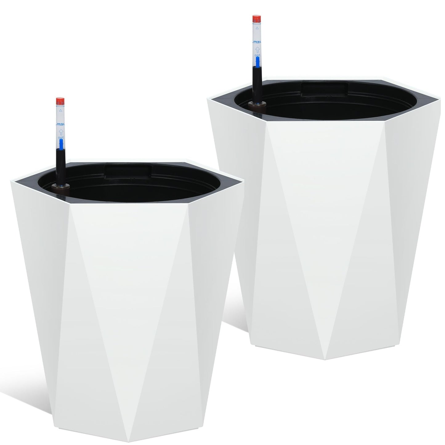 GarveeLife 16 Inch Tall Planters Set of 2, Outdoor Planters Self Watering Plant Pots with Water Level Monitor, Multiple Drainage Holes, Flower Pots for Patio, Porch, Living Room, or Home Office, White