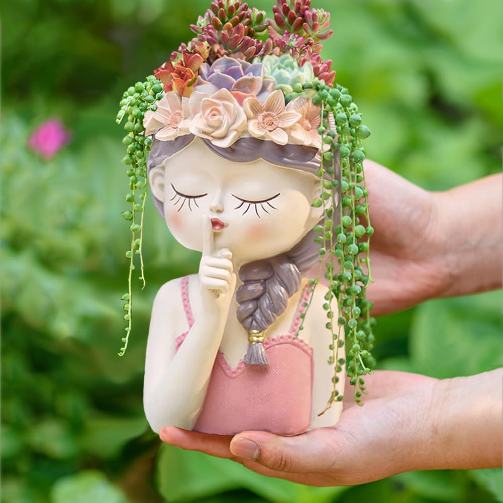 Snowy sunday Adorable Fairy Girl face Succulent Pot with Drainage Hole, Resin Head Planter Pot for Indoor Plants, Decorative Flower vase,Gifts Idea for Lady (Medium-Tranquility)