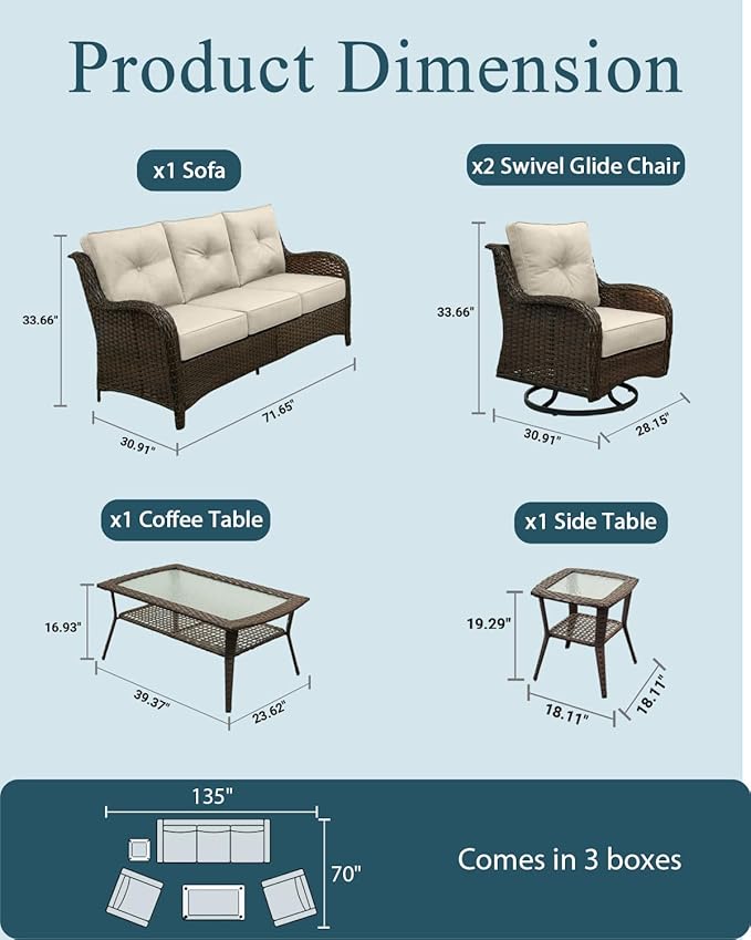 Patio Furniture Set, High Back Rattan Sofa & Swivel Rocker Chairs, Weather