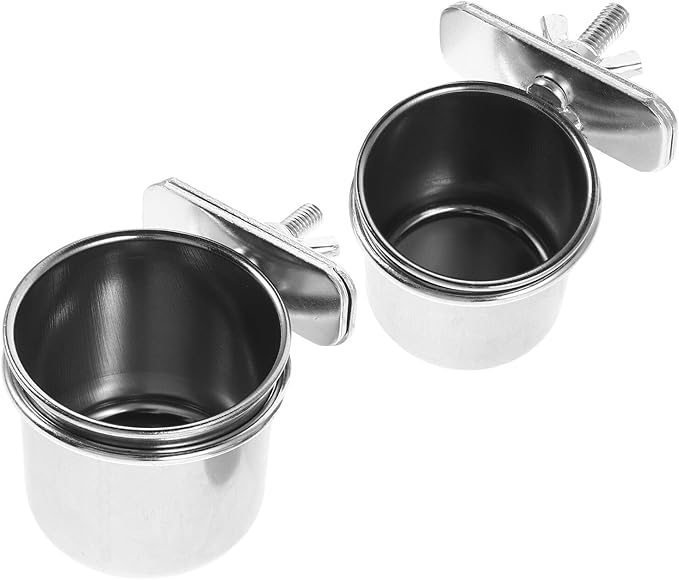 Toyvian 2pcs Stainless Steel Bird Feeding Cage Cups with Clamp Holder, 4.4cm and 5.5cm Parrot Food and Water Bowls for Small Birds Cage Accessories