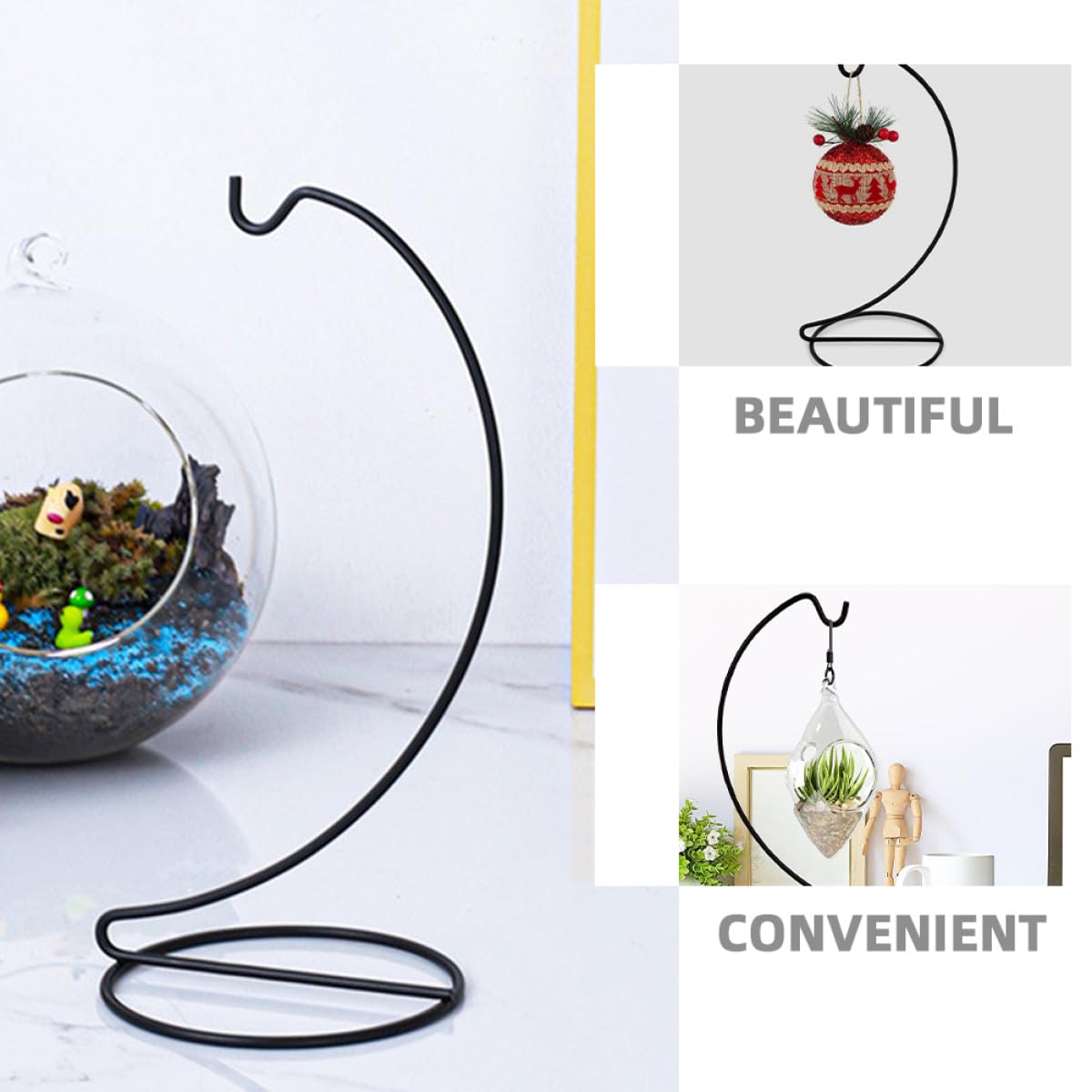 HOMSFOU 3pcs Small Hanging Hook Stand for Glass Globe Terrarium, Black Metal Ornament Display Rack for Tabletop Plant Holder and Craft Decoration