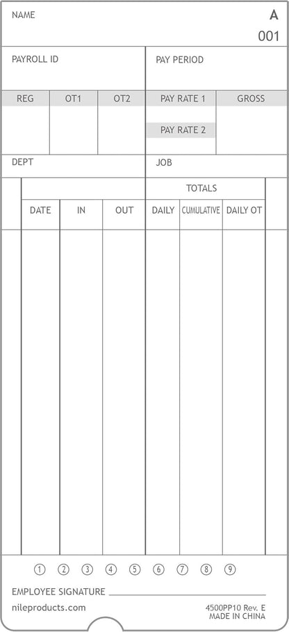 Nile Products - Authorized Time Cards for Nile Products 4500PP Compatible [ 4500PP10 ] Electronic Time Clock, Double Sided Time Sheets (3.37 x 7.37 Inches) - 100 Time Cards Per Package