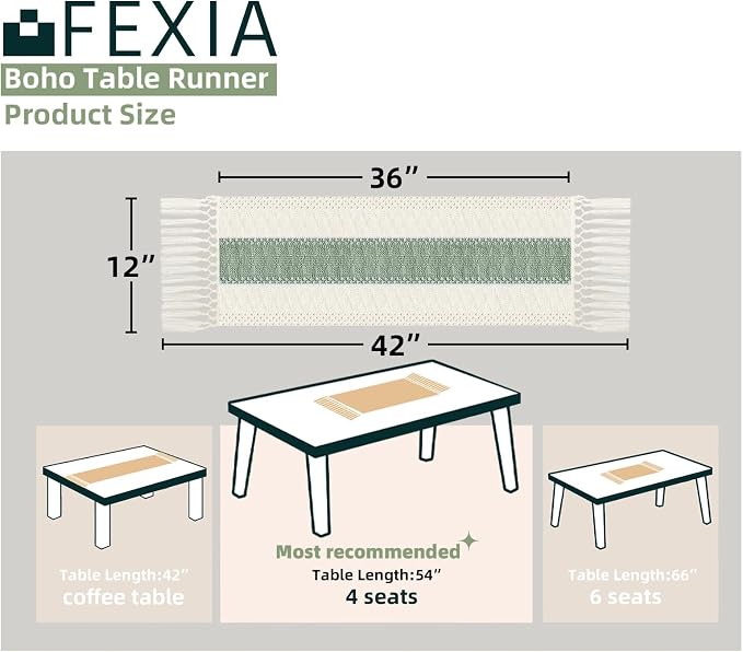 FEXIA Sage Green Table Runner 36 Inches Long with Tassels Boho for Summer Home Decor Rustic Macrame Farmhouse Table Cover for Wedding Party Bohemian Bridal Shower Dining Decorations(12x36 Inches)