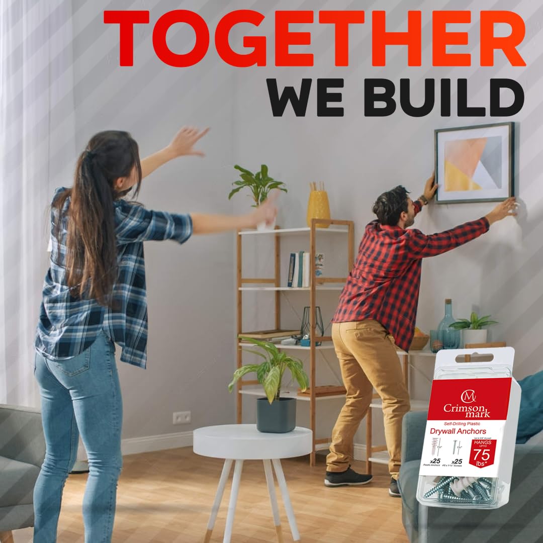 CrimsonMark 120Pcs #8 Self Drilling Drywall Anchors and Screws kit #8 x 1-1/4”- Superb Wall Anchors for Drywall, Holds Upto 75lbs – No Drill Hole Required with These Dry Wall Screws and Anchors