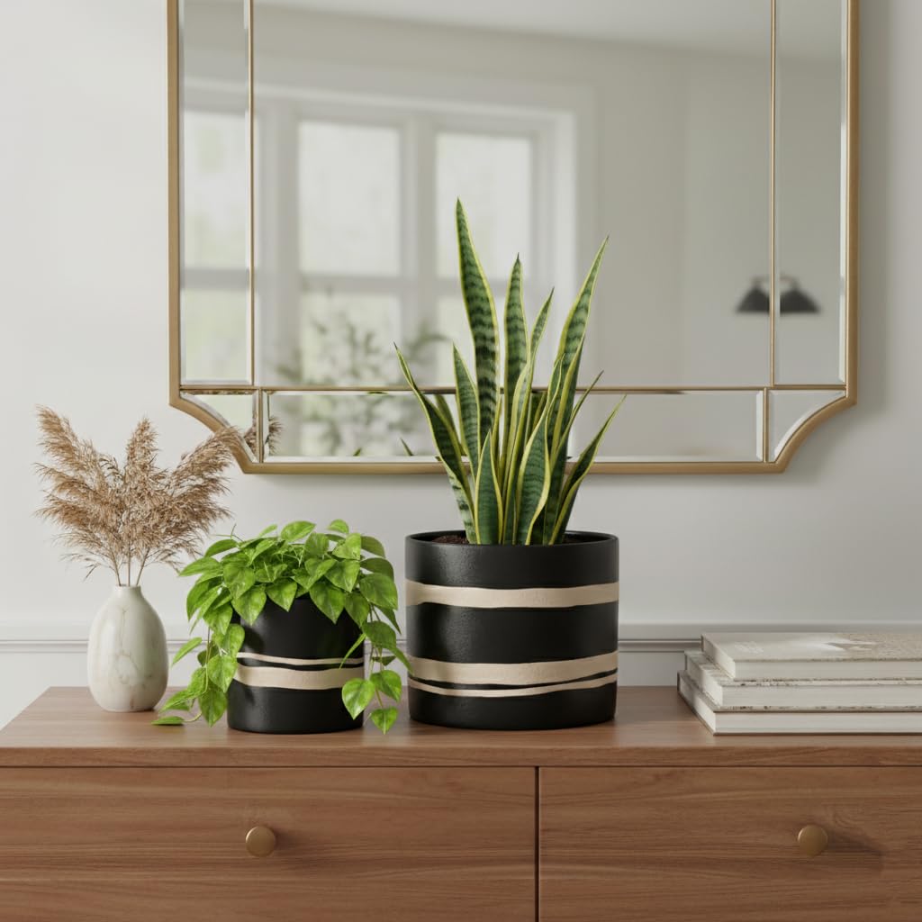 Nihow Modern Ceramic Plant Pot - 5 + 7 Inch Flower Pot for All Indoor Plants - Sturdy Planter Pots with Drainage Hole & Rubber Plugs - Semi-Matte Black & Nature - Plants Not Included