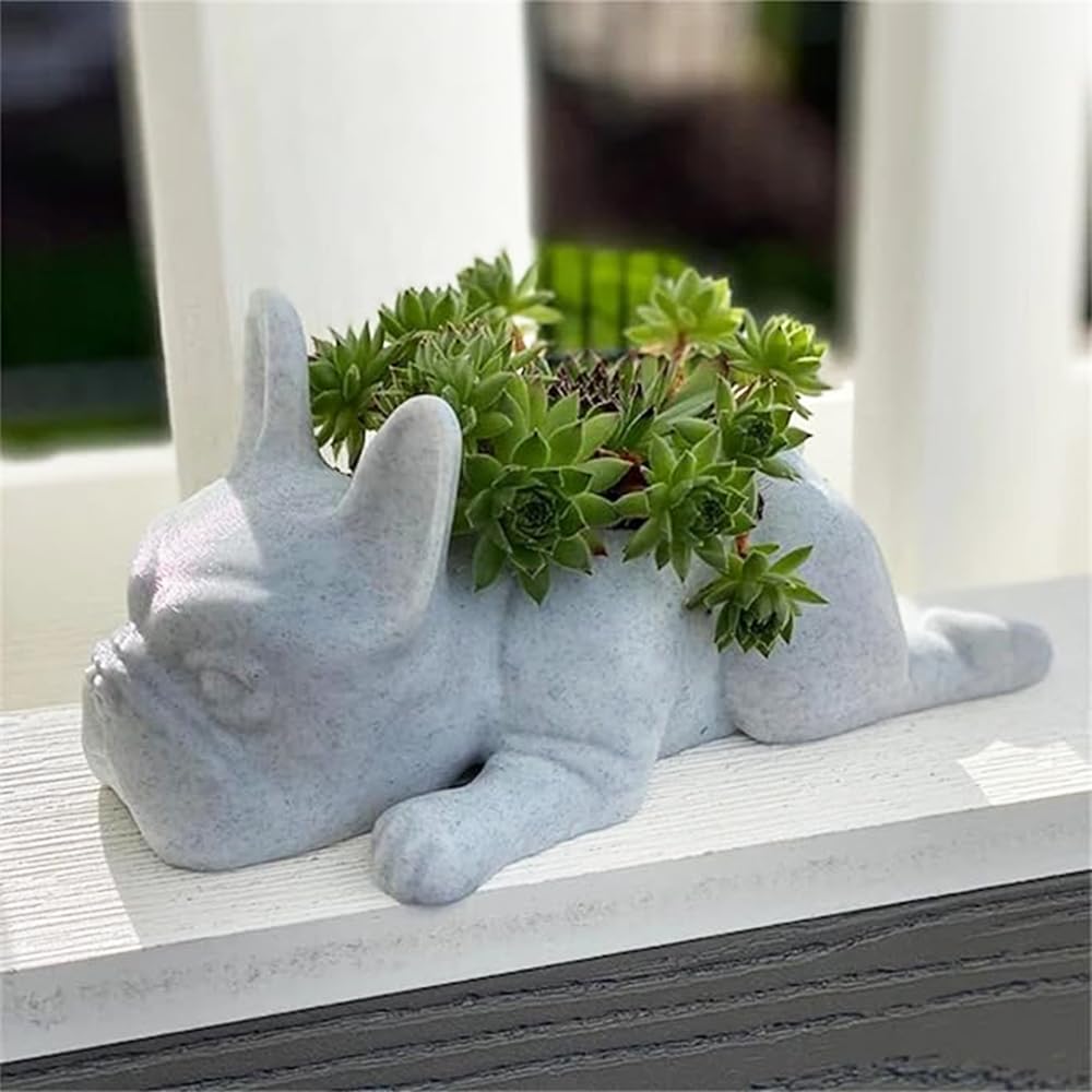 OULIGET Resin Dog Sculpture Succulent Pots,Mini French Bulldog Garden Statue Planter Pots with Drainage Hole,Cute Bonsai Flower Pots Ornaments (Medium)