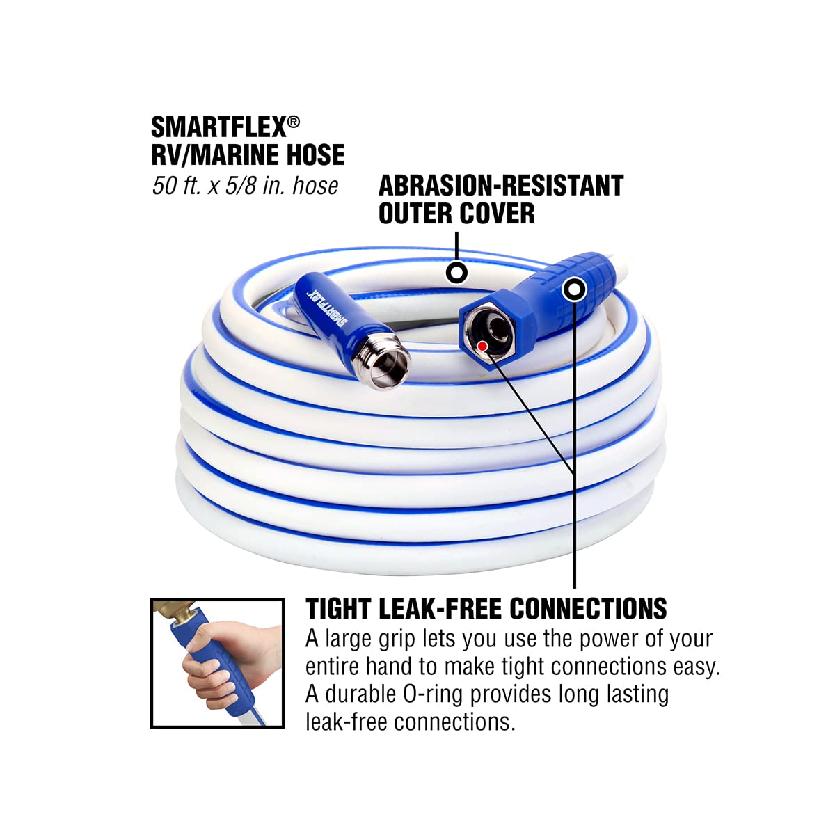 SmartFlex RV/Marine Water Hose, 5/8 in. x 50 ft., Hybrid, White - HSFRV550