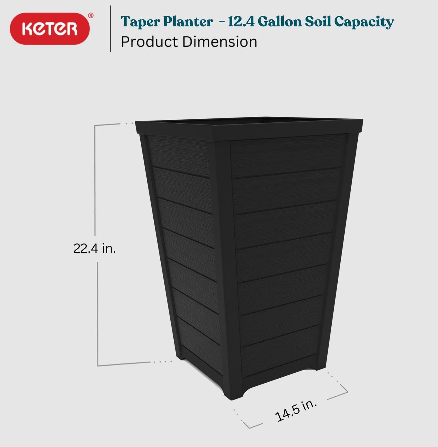 Keter Set of 2 Resin Modern Outdoor 22 Inch Tall Large Flower Pots, Tapered Wood Look Planters for Outdoor Plants and Front Porch Decor, Graphite