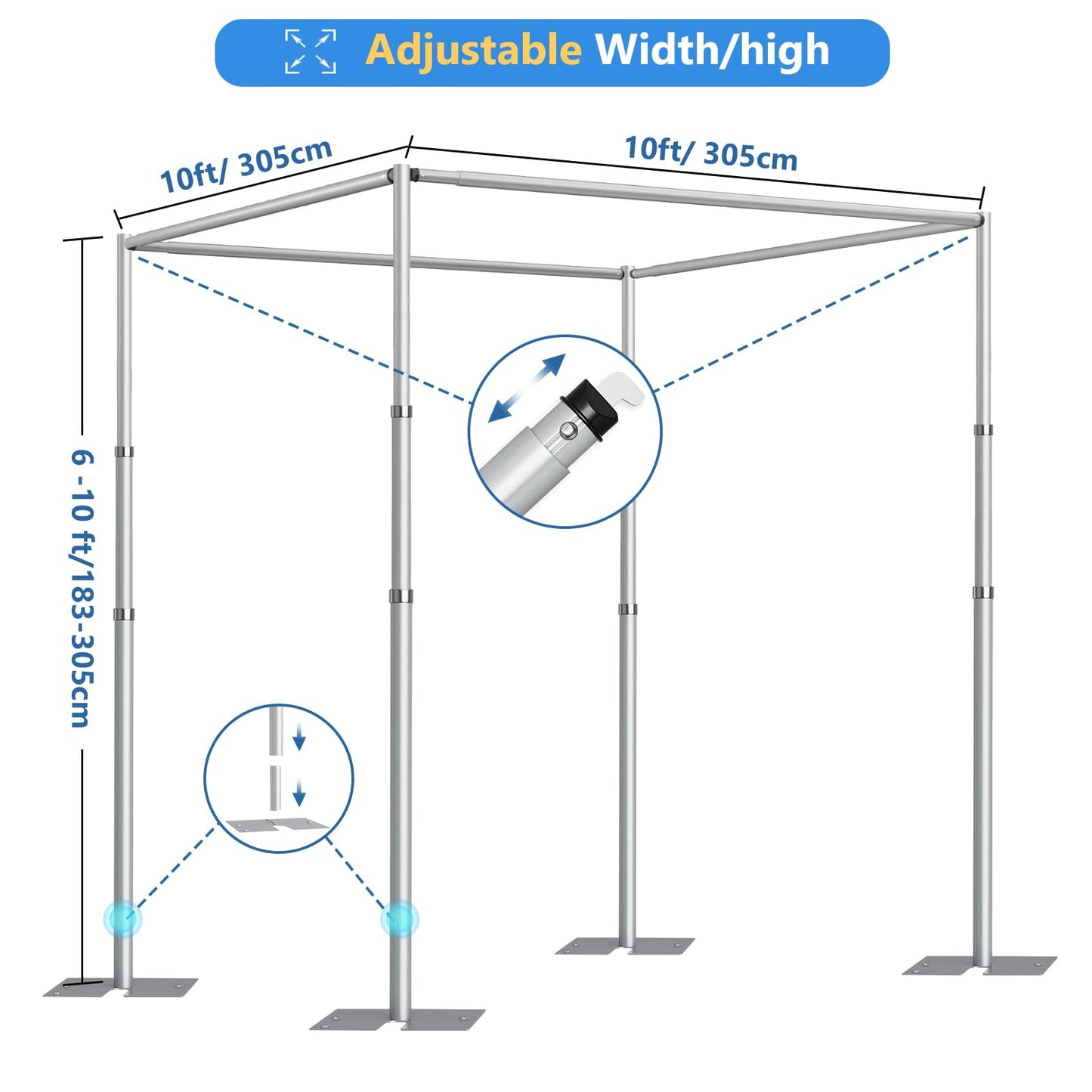 10ft Square Backdrop Stand Heavy Duty, 10Ft Tall x 40Ft Wide Adjustable Pipe and Drape Photo Background Support Kit, Adjustable Metal Frame with Flat Base for Wedding Birthday Party Decorations