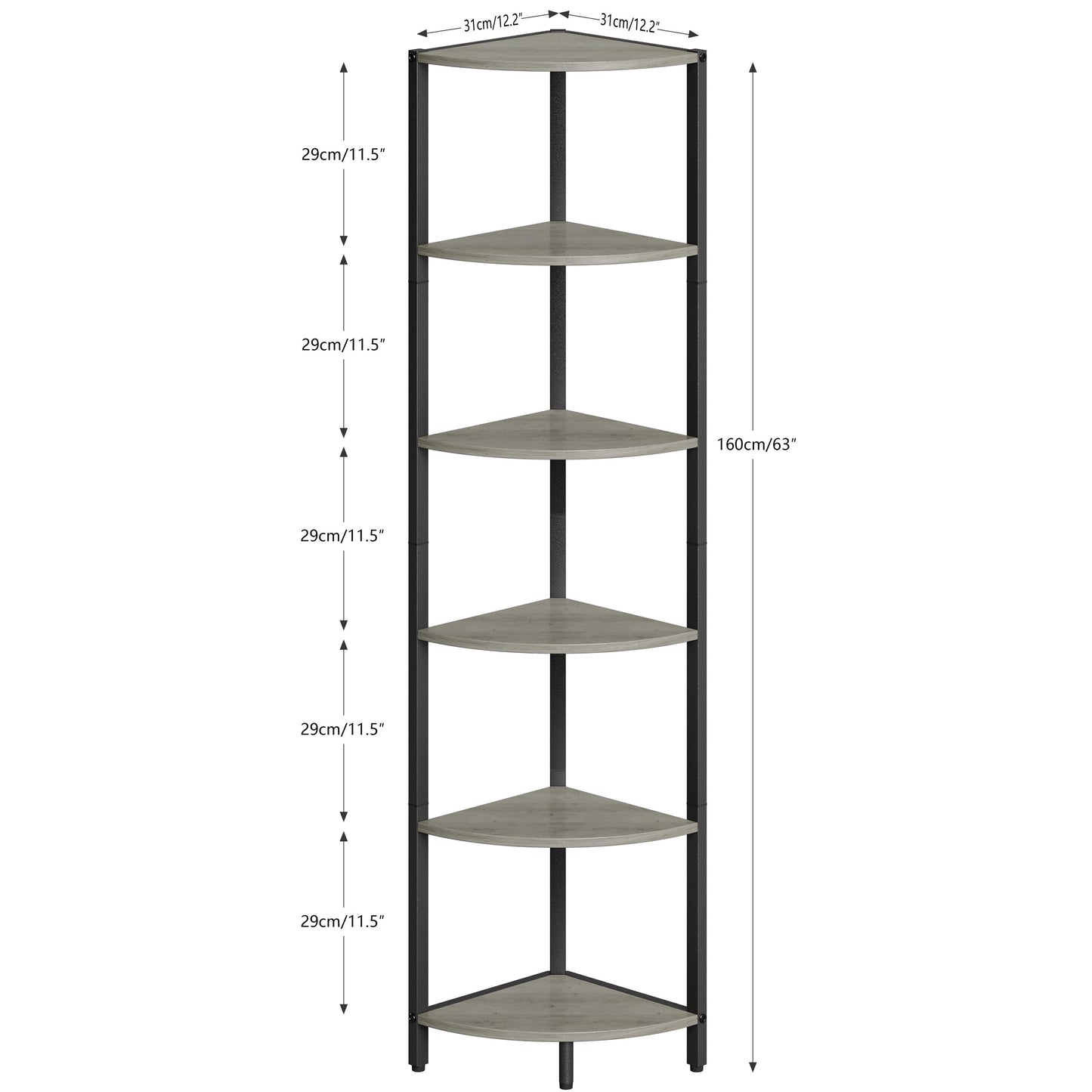 IRCPEN 6 Tier Corner Shelf 63.1" Tall Corner Shelves Stand Ladder Shelf Metal Standing Bookshelf Organizer Display Rack Bookcase Plant Stand Industrial Rustic for Living Room Bedroom Oak CS-001GR