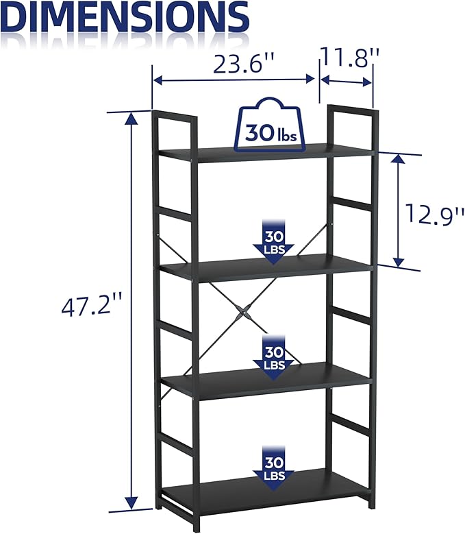 NUMENN 4 Tier Bookshelf, Tall Bookcase Shelf Storage Organizer, Modern Book