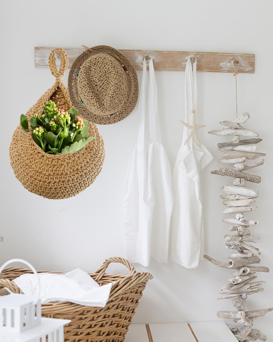 Velloray Hanging Fruit Baskets for Kitchen - Handwoven in 3 Sizes Boho Wall Hanging Basket with 3 Hooks, Bohemian Teardrop Jute Hanging Holder for Fruits Vegetable Potato Onion Storage