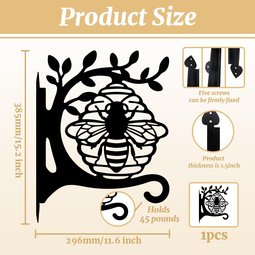 peacoblue Iron Plant Hangers Hooks 11.6"x15.2" for Outdoor Indoor Hanging Plants Flower Fern Pots Lantern Bird Feeder, Weather Resistant Metal Wall Holder for Porch Garden(Bee with Beehive on Branch)