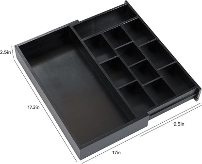KitchenEdge Tea Bag and Coffee Pod Kitchen Drawer Organizer, Expandable 9.7 to 17 Inches, 10 Storage Compartments, Adjustable Wall Inserts, Non-Slip Feet, Food-Safe Black Finish, 100% Bamboo Wood
