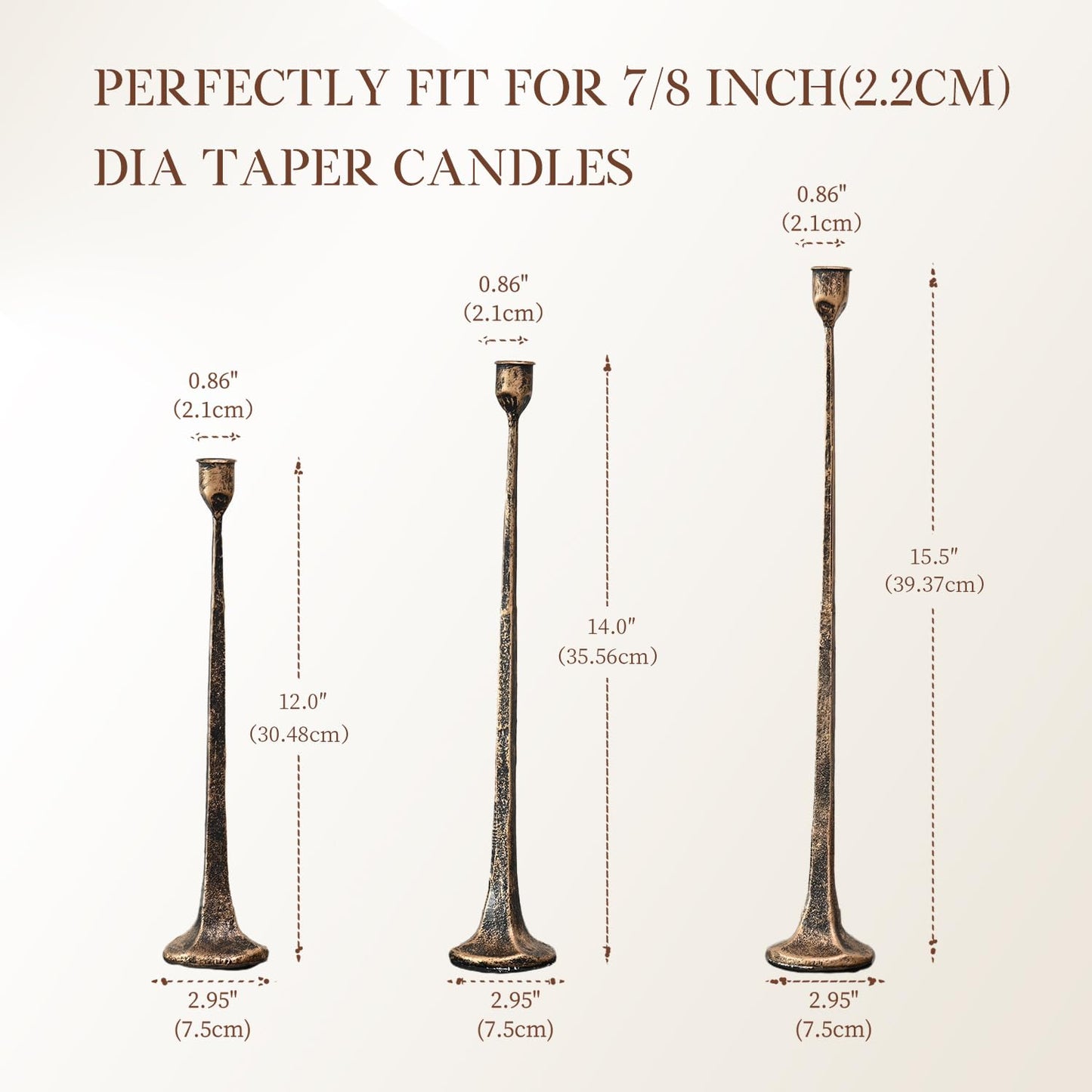 Set of 3 Candle Stick Holders, Iron Antique Gold Candlestick Holders, Fits 3/4 inch Thick Candles, Tapered Candle Holders Tall Set for Dining Table, Wedding, Home Decoration