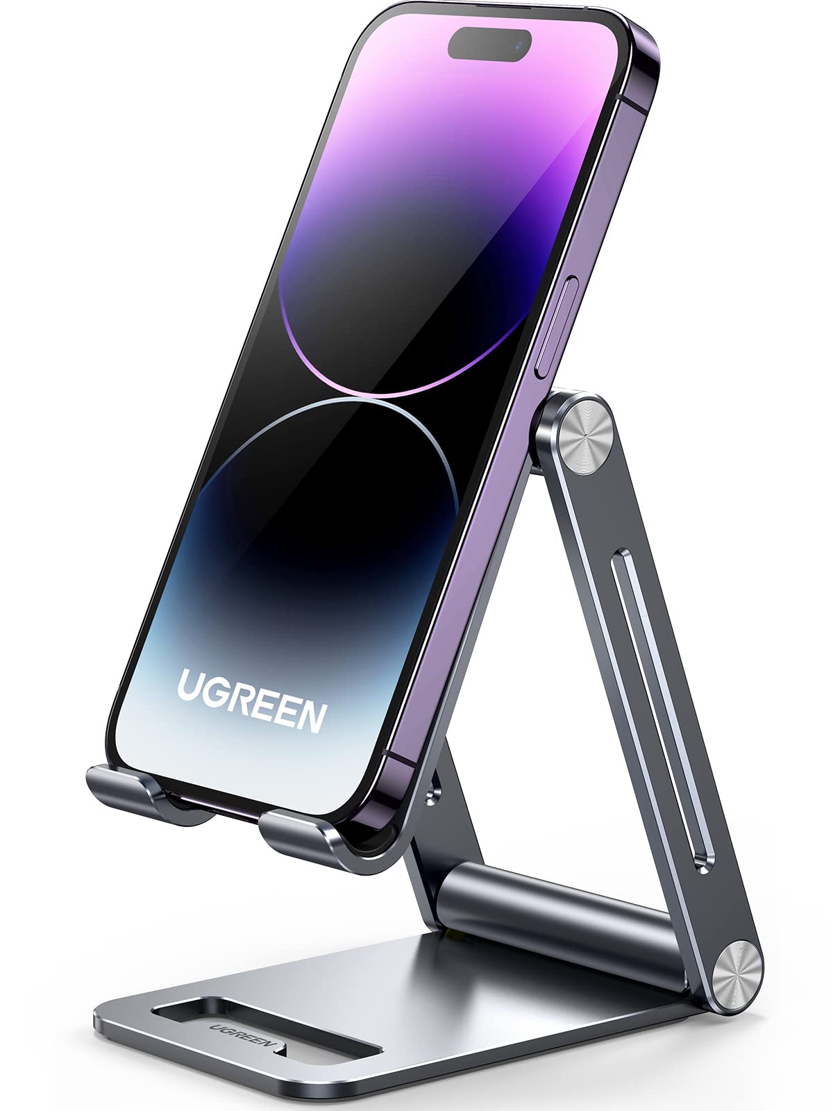 UGREEN Phone Stand for Desk Cell Phone Holder Adjustable Compatible with iPhone 17 Air/16/15/14/13 Pro Max/12 Mini/11/XS Max/XR/X/Nintendo Switch, Aluminum Metal Desktop Stand Portable, Space Grey