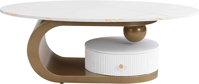 Modern Oval Coffee Table Set of 2, Faux Marble Coffee Table and Round End Table