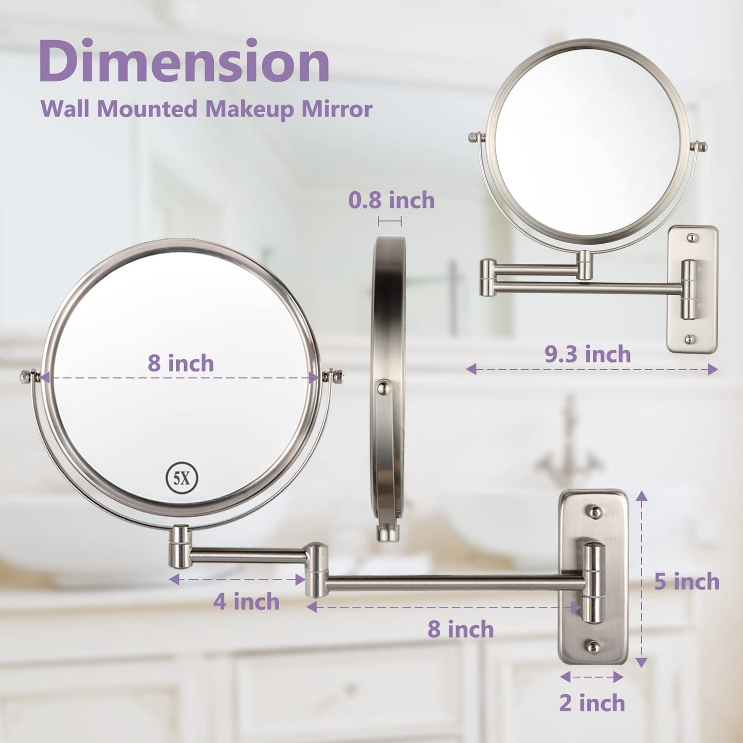 ALHAKIN 9" Wall Mounted Lighted Makeup Mirror, Large Rechargeable 1X/10X Magnifying Mirror with 3 Color Lights Dimmable, 360° Rotation, Nickel