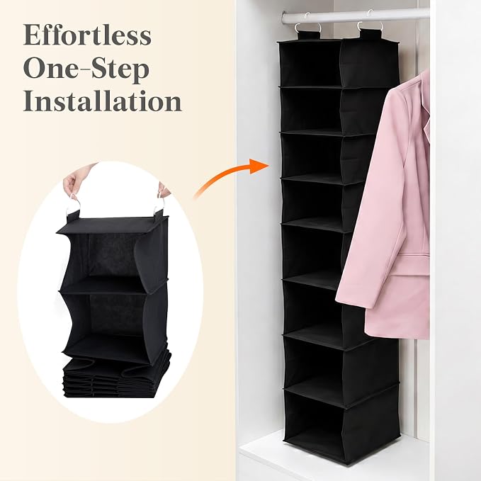 Lifewit 8 Tier Hanging Closet Organizer and Storage for Shelves, 1 Pack Foldable Clothes Shelf with 2 Sturdy Hooks, Sweater/Coat/Shoes Clothing Organization for Wardrobe, Dorm, Bedroom, Black