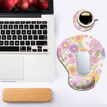 Ergonomic Mouse Pad with Wrist Support and Coaster,Mouse Pads with Non-Slip PU Base for Home Office Working Studying Easy Typing & Pain Relief Daisy Blossom