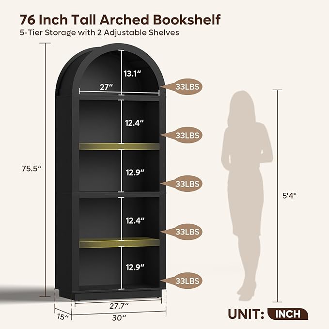 Bestier 76" Tall Arched Bookshelf, 5 Tier Arched Bookcase