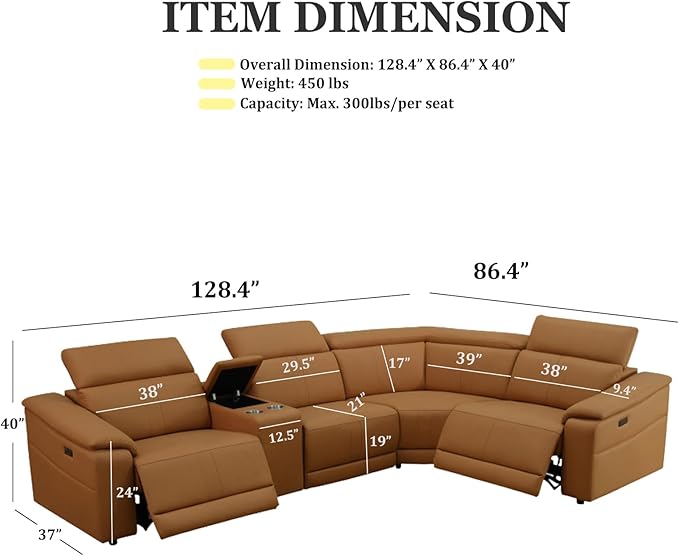 Power Recliner Sectional Sofa, L-Shaped Living Room Furniture Set, Leather