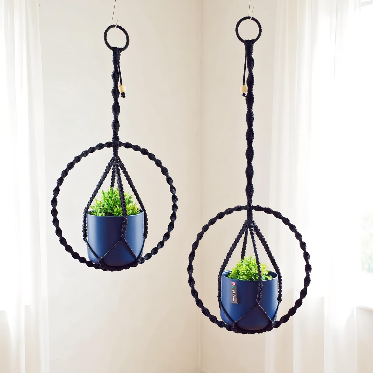 Macravine 2-Pack Indoor Plant Holder, Macrame Hanging Planter for Home Decoration, Boho Plant Hanger by Window, 2 Sizes: 11.8" X23.6“, 11.8“ X31.5” Black(No Pot and Plant Included)