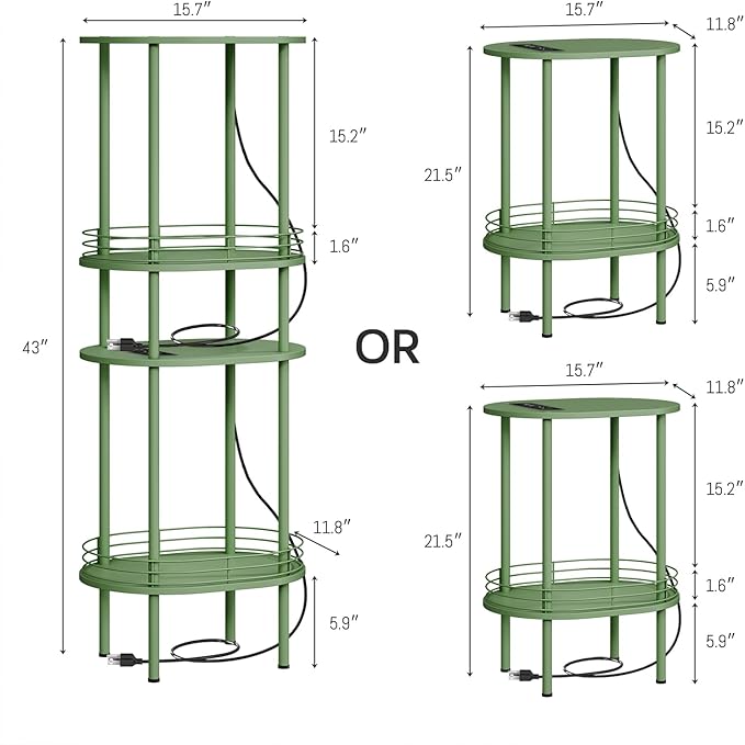DGSANDGO Green Side Table with Charging Station, Side Tables Living Room