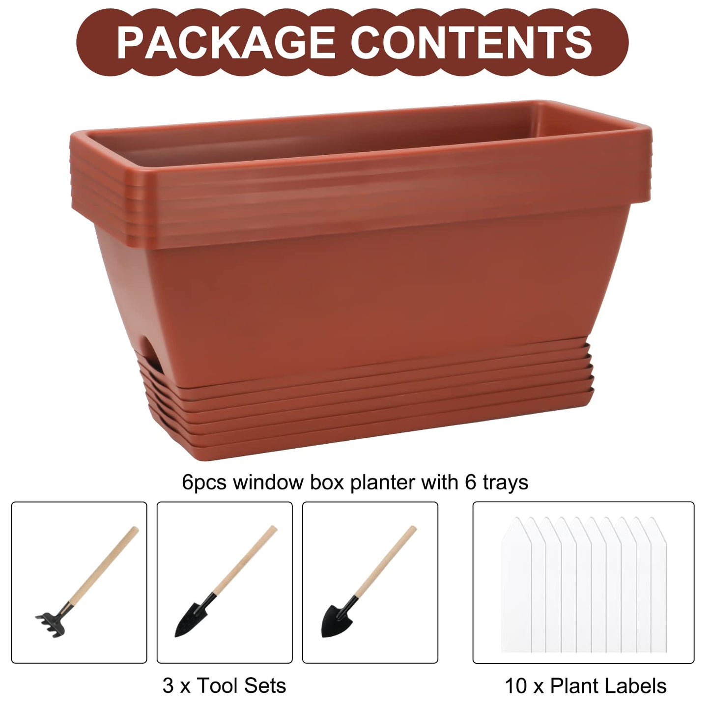 OSMOFUZE Window Box Planter, 6 Packs 17 Inches Rectangle Planters Box with Drainage Holes and Trays, Vegetable Planters for Windowsill Patio Garden Home Decor Porch Yard Red