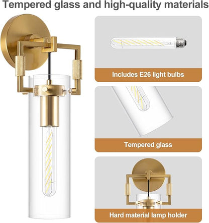 BELS 15inch Gold Wall Sconce, Modern Straight Glass Shade Wall Light, 3000K Warm Light, E26, Hardwired Wall Light Fixtures for Living Room, Bedroom, Dining Room, 1 Pack(Bulb Included)