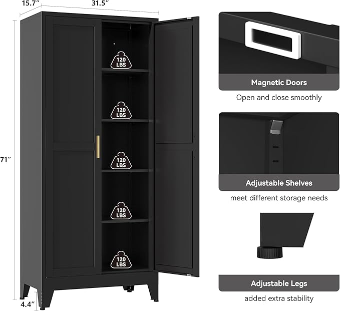 YAUWOH 71''Metal Cabinet with 4 Adjustable Shelves, 5-Tier Pantry Storage