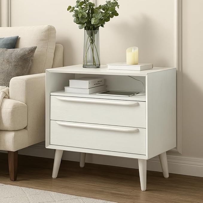 HULALA HOME End Table with Charging Station, Mid-Century Modern 2 Drawer and
