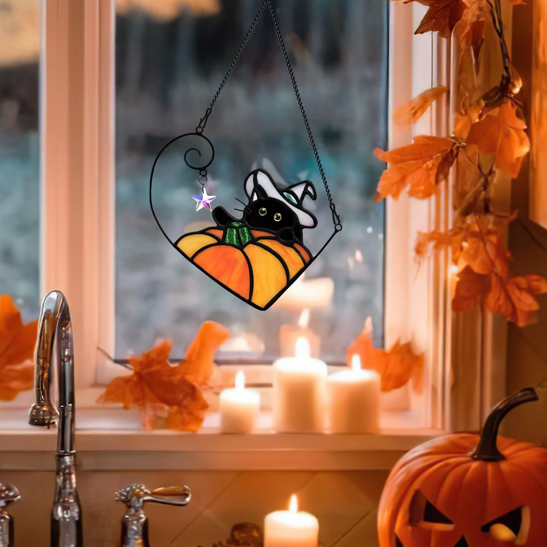 BOXCASA Black Cat Stained Glass Suncatcher, Halloween Pumpkin Witch Gifts