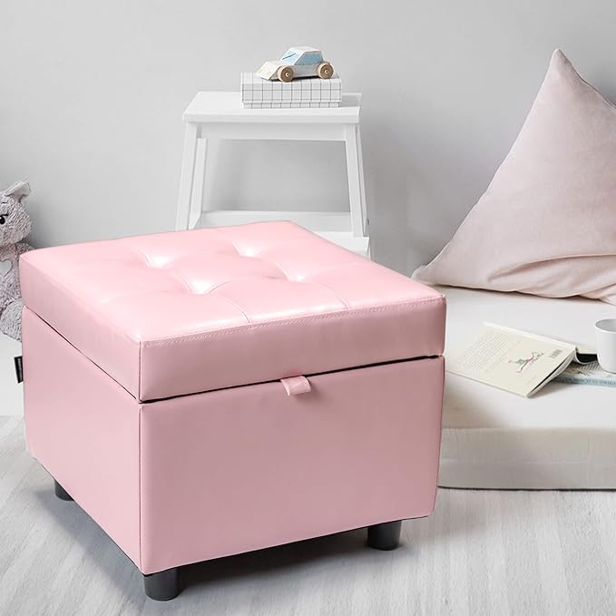 H&B Luxuries Tufted Leather Square Flip Top Storage Ottoman Cube Foot Rest