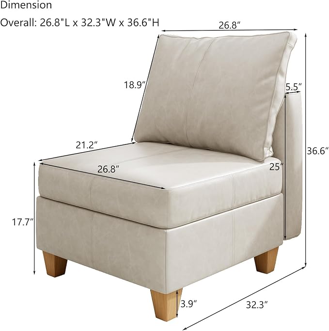 EASE MOOSE Middle Module Seat for Modular Sofa, Faux Leather Armless Chair