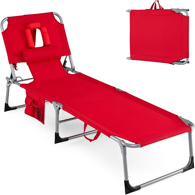 Goplus Tanning Chair, Folding Adjustable Patio Lounger w/Face Arm Holes