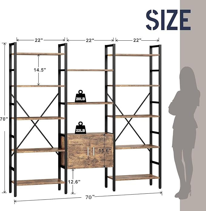 INNOD 70" Triple 5 Tier Book Shelf, Large Industrial Bookcase
