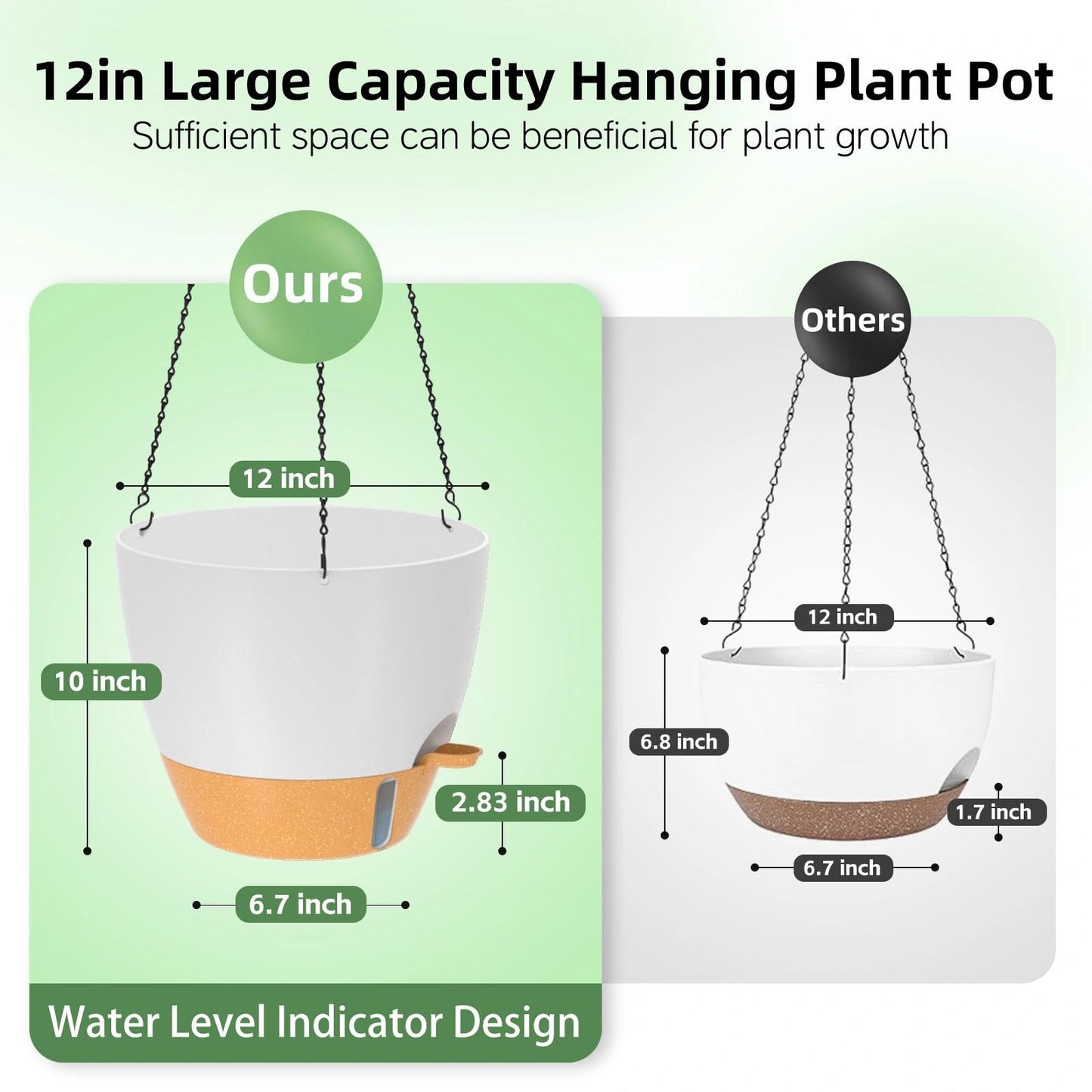 ZMTECH 12 Inch Large Self Watering Hanging Planters for Indoor Outdoor Plants - Water Level Indicator & Removable 60 Oz Reservoir, 1 Pack Plastic Hanging Basket for Window Porch Garden Balcony, White