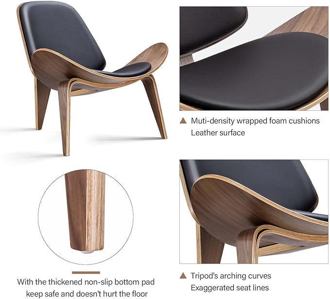 Modern Shell Lounge Accent Chairs, Faux Genuine Leather Mid Century Armless