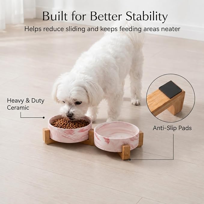 Ceramic Dog Bowls with Non-Slip Bamboo Stand - Dog Food and Water Bowl Set Ideal for Cats and Small Dogs - Double 5.1" Pet Dishes, Each Feeder Holds 1.4 Cups / 10.8 fl oz - Pink Marble