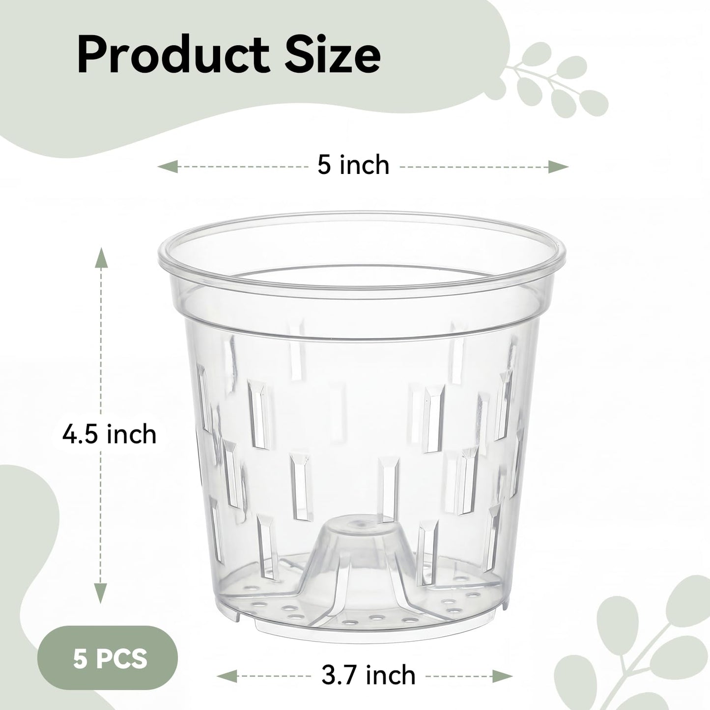 YIKUSH Orchid Pot - 5 Inch Plant Pot 5 Pack Clear Orchid Pots with Holes for Healthy Roots - Clear Design Plastic Plant Pot for Indoor and Outdoor Orchid Care