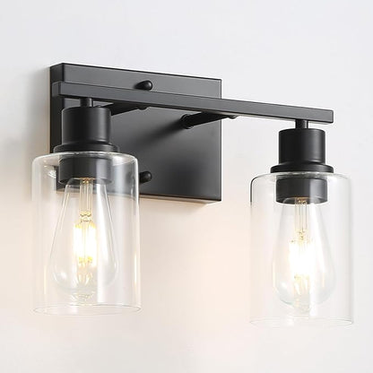 2-Lights Wall Lighting Matte Black Bathroom Vanity Light Fixtures,Vintage E26 Base Sconces with Clear Glass Shades, Farmhouse Modern Wall Lamp for Hallway,Bedroom,Living Room