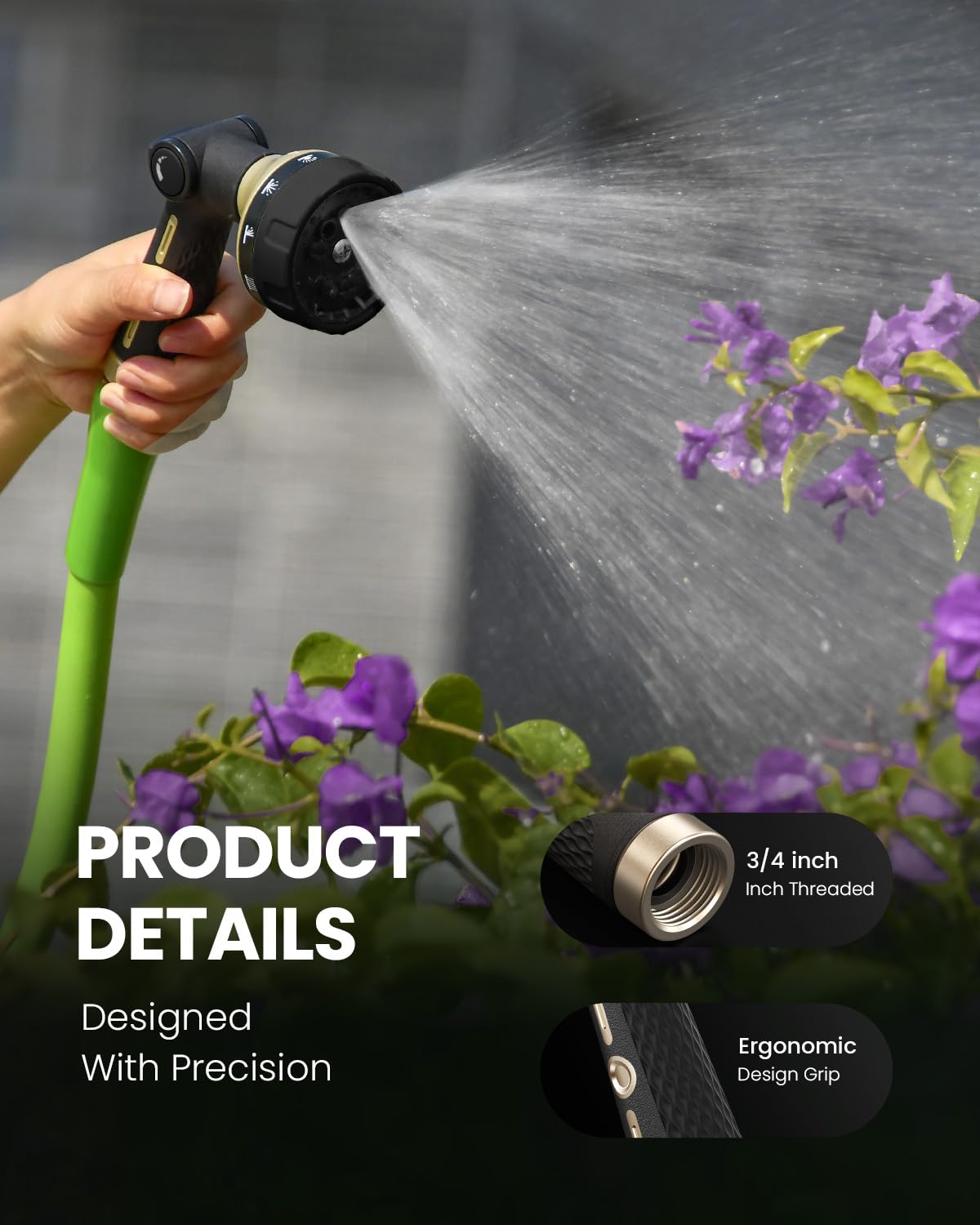 RAINPOINT Garden Hose Nozzle Heavy Duty - 100% Metal Thumb Control Spray Nozzles for Garden Hose High Pressure, 10 Patterns Water Hose Nozzle for Car Wash, Watering Lawn and Pets, Black