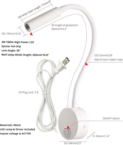 White Reading Lamps LED Wall Mounted Study Reading Light for Bed Headboard Gooseneck US Plug Corded-Electric Sconce Lamp Spot LED AC85-265V (6000K White)